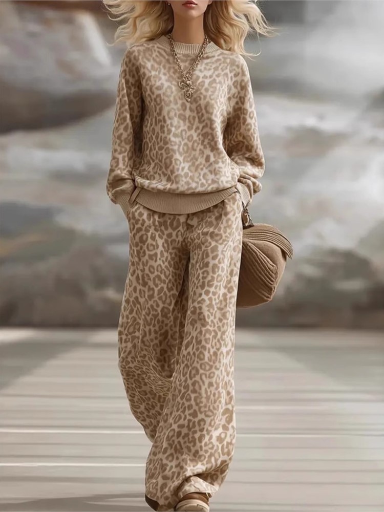 Winter Wear Clothes - Costume imprimé léopard marron clair, sweat-shirt